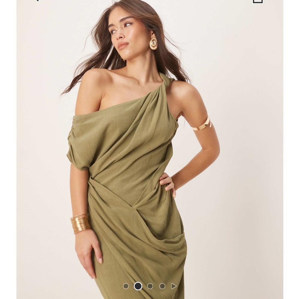 ASOS Design Linen Blend Twist Shoulder Asymmetric Faux Wrap Midi Dress Sz Small
